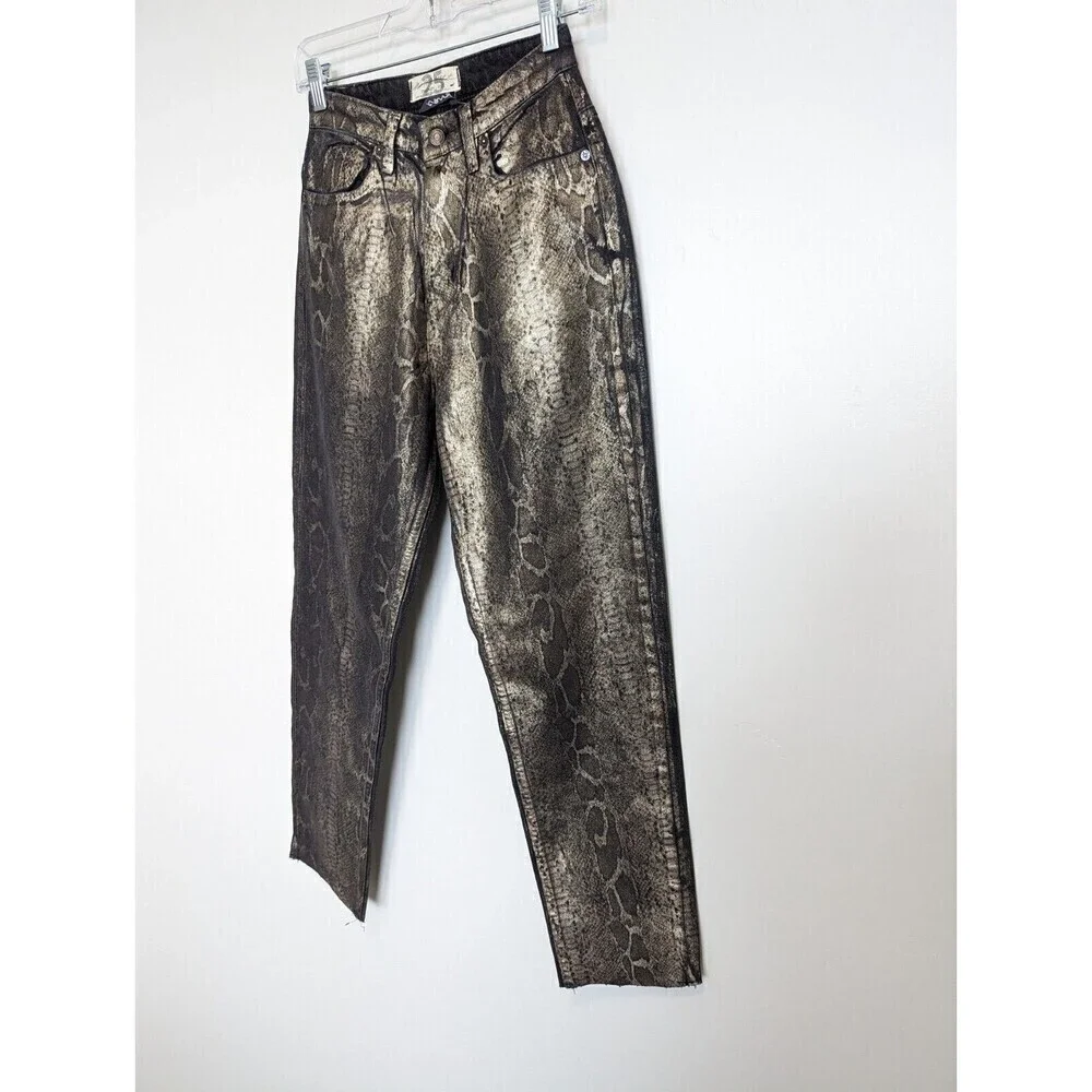 Free People Crvy‎ Georgina Pants Women Size 25 Gold Foil Straight Leg Snake Club